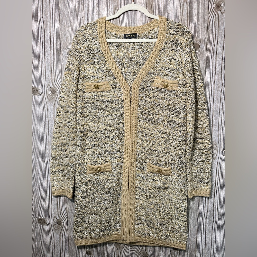 G.W.B.G. Gold & Tan Long Knit French Style Cardigan Sz L/XL